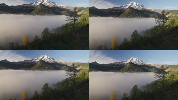 揭示雷尼尔山被常绿山脉和薄雾山谷包围的镜头