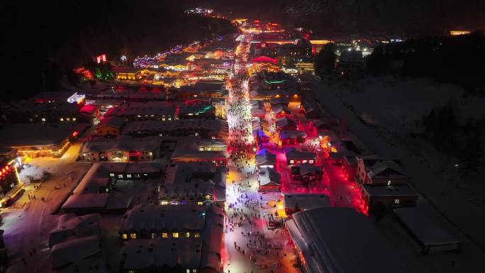 4k中国雪乡雪景夜景航拍