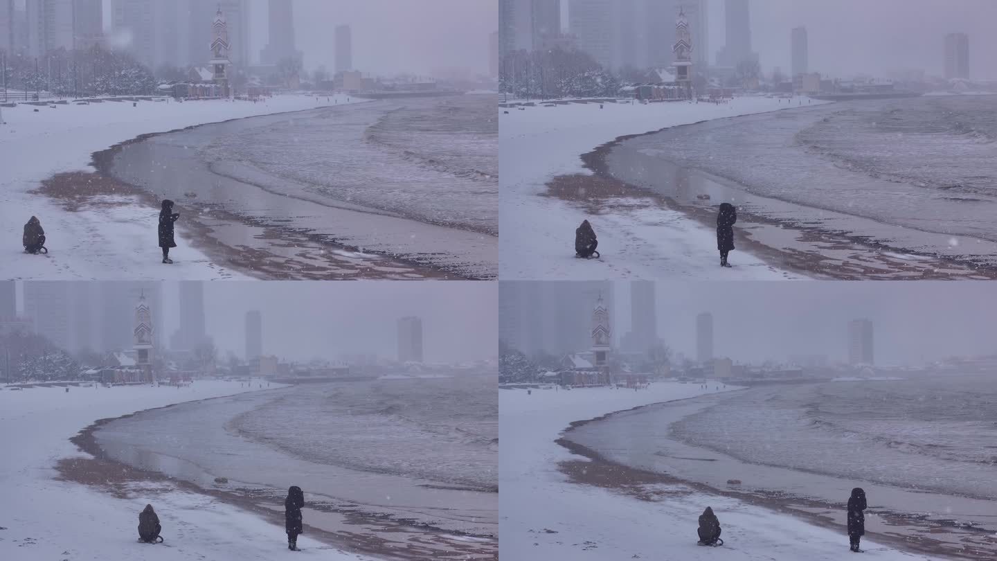 4K航拍烟台海边雪景