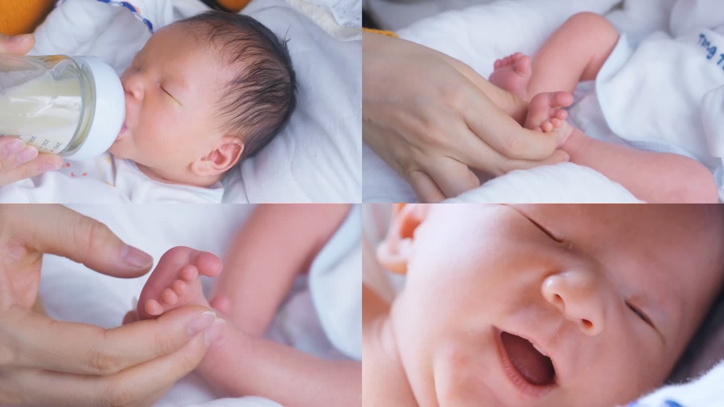 新生儿婴儿宝宝喝奶搓脚丫特写