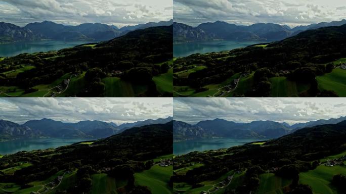 阳光明媚的日子里，奥地利阿尔卑斯山脉之间清澈湛蓝的大湖。鸟瞰图