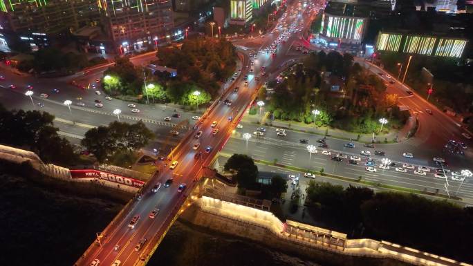 长沙夜景橘子洲大桥湘江中路车流交通航拍立