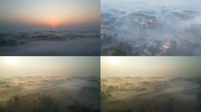 航拍农村山区清晨大雾天气