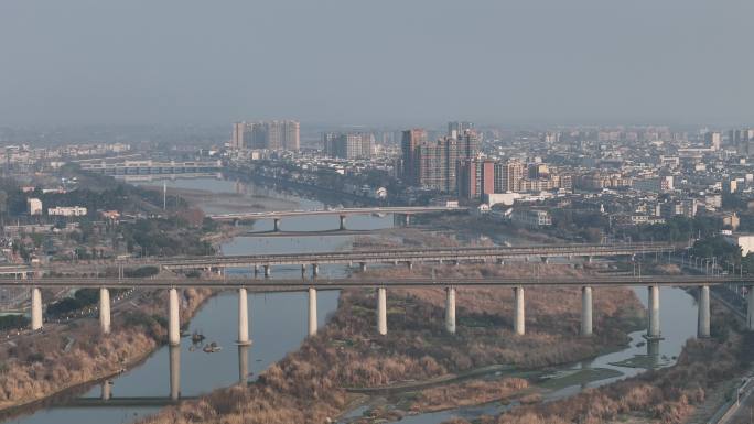 航拍四川广汉城市高铁景色