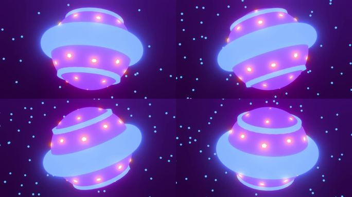 一个粉红色和紫色的卡通外星飞碟在太空中的旋转，背景是星星。明亮的儿童卡通循环动画