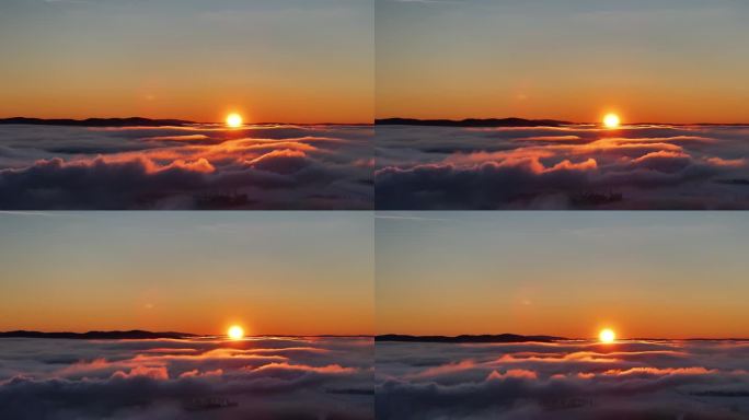 无人机拍摄的史诗级云景在日落时缓慢漂浮在炽热的太阳前