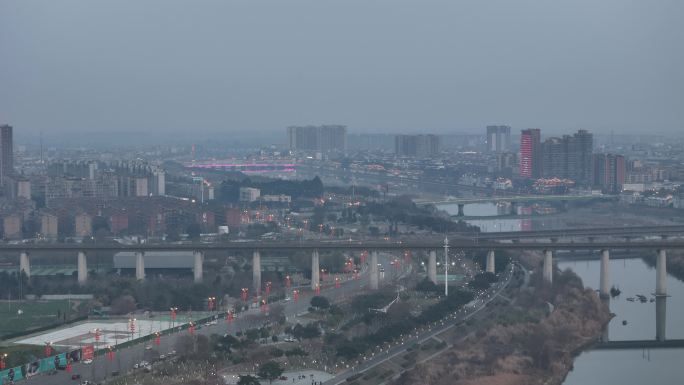航拍四川广汉城市高铁景色