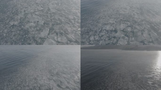 冬季赛里木湖冰推云雾雪山航拍灰片