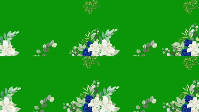 绿屏背景上的蓝白花角框:婚礼和情人节构图