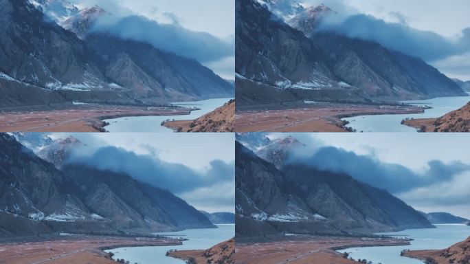 新疆昭苏玉湖冰面雪山峡谷航拍风景