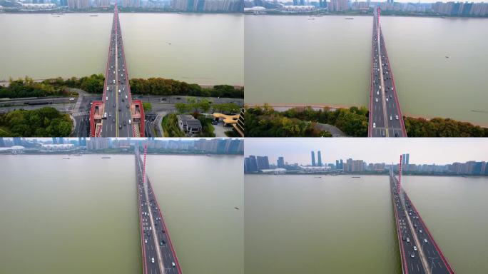 杭州钱塘江钱江三桥西兴大桥车流航拍
