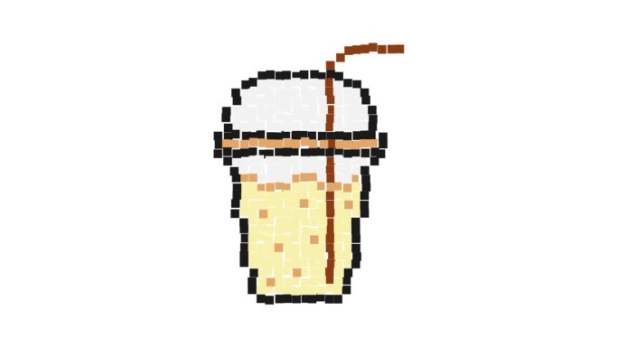 动画像素图标。一杯有吸管和盖子的冰沙。在炎热的夏天，清凉的水果饮料。简单的复古游戏循环视频孤立在白色