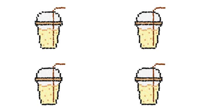 动画像素图标。一杯有吸管和盖子的冰沙。在炎热的夏天，清凉的水果饮料。简单的复古游戏循环视频孤立在白色