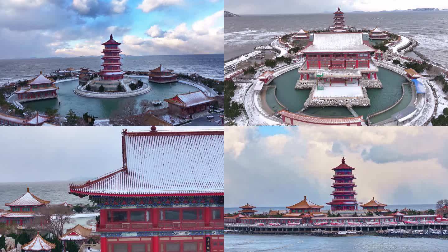 4K航拍烟台海边古建筑阁楼大海海鸥雪景