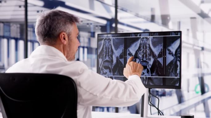 医生扫描脊柱骨骼X光片
