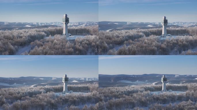 内蒙古冬季雪山峦阿尔山气象雷达航拍环绕