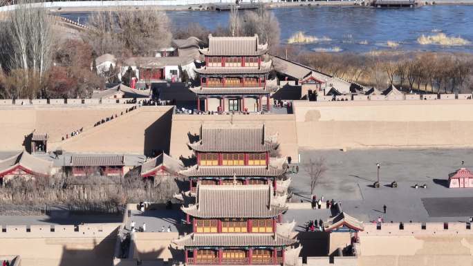 嘉峪关城航拍古城蓝天白云城墙古建筑楼房