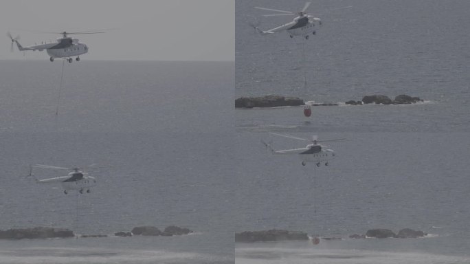 消防直升机从海上取水慢动作消防直升机未分级C-log 2。用于扑灭森林火灾的直升机。直升机从海里舀水
