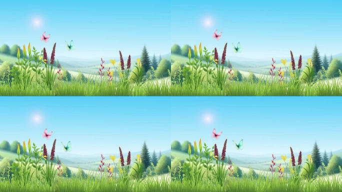 阳光明媚的春天草地上蝴蝶飞舞。2D视频循环动画舒缓环境。