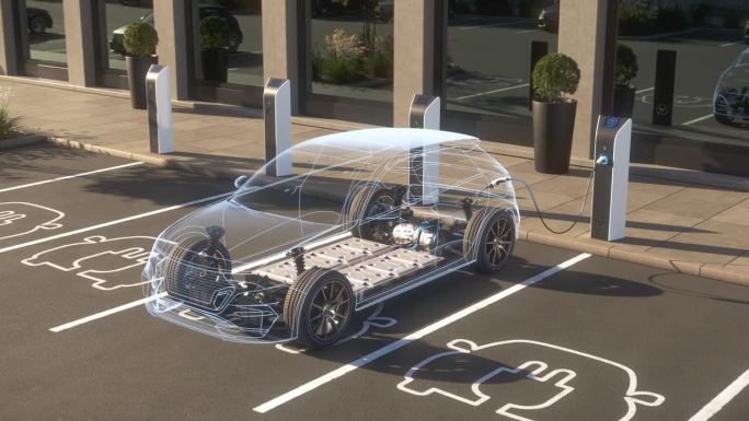 一辆普通电动汽车在办公楼前充电的x光照片
