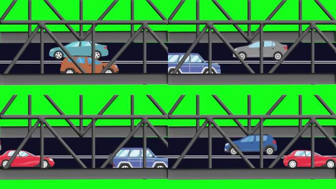 卡通平面动画的汽车在桥上运行绿色屏幕色度键