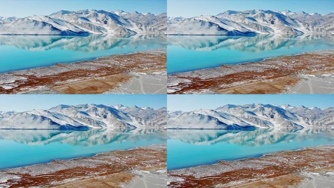 航拍雪后唯美的新疆帕米尔高原白沙湖