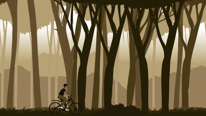 自行车循环2d动画。卡通舒适可爱的角色骑自行车骑自行车。徒步旅行者骑着自行车穿过森林。循环动画。