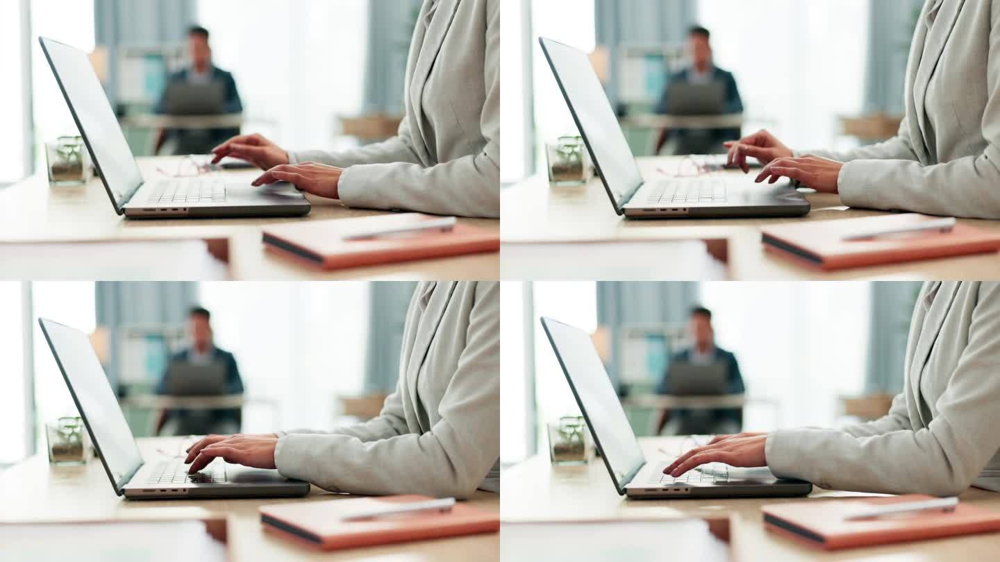 女性在办公桌前的双手，在联合办公空间的笔记本电脑和打字，咨询机构的研究和在线日程安排。办公室，行政，