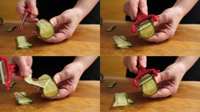 烹饪用的新鲜黄瓜用特制的刀切成小块。做黄瓜菜。缓慢的运动。