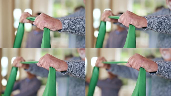 手，老年人和阻力带锻炼，恢复和健身房的健康肌肉退休。理疗，健身，伸展运动，康复和养老院的特写