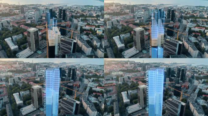 空中无人机镜头与VFX概念的建筑建设:城市房地产开发现场转换与3D动画。增强现实可视化、数字化城市设