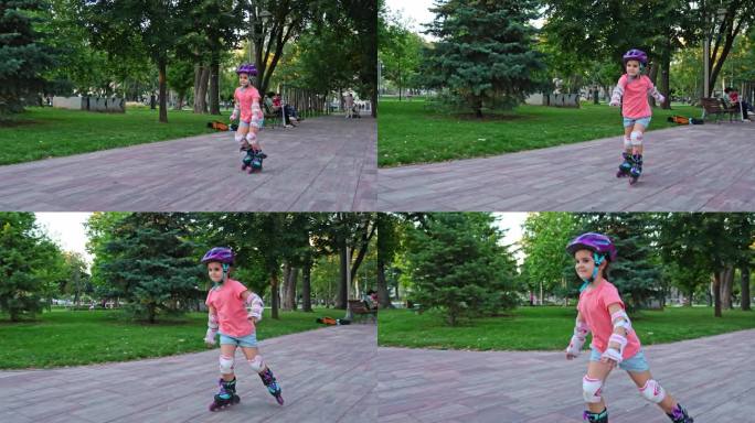 小女孩戴着护具在公园里滑旱冰