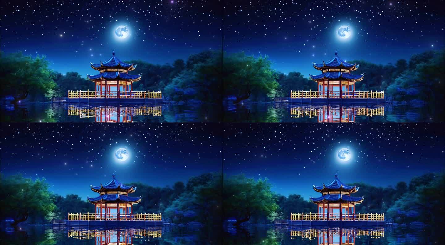 圆月下的中式庭院背景视频素材