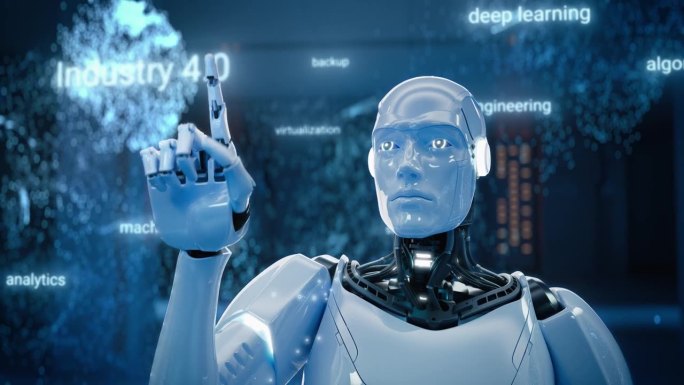 人工智能机器人通过动态触摸手势激活工业4.0。人形机器人与互联网信息，云计算，神经大数据，机器学习概