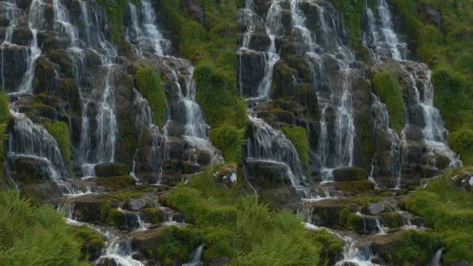 垂直:绿色的蕨类植物和草环绕着从花岗岩上倾泻而下的瀑布