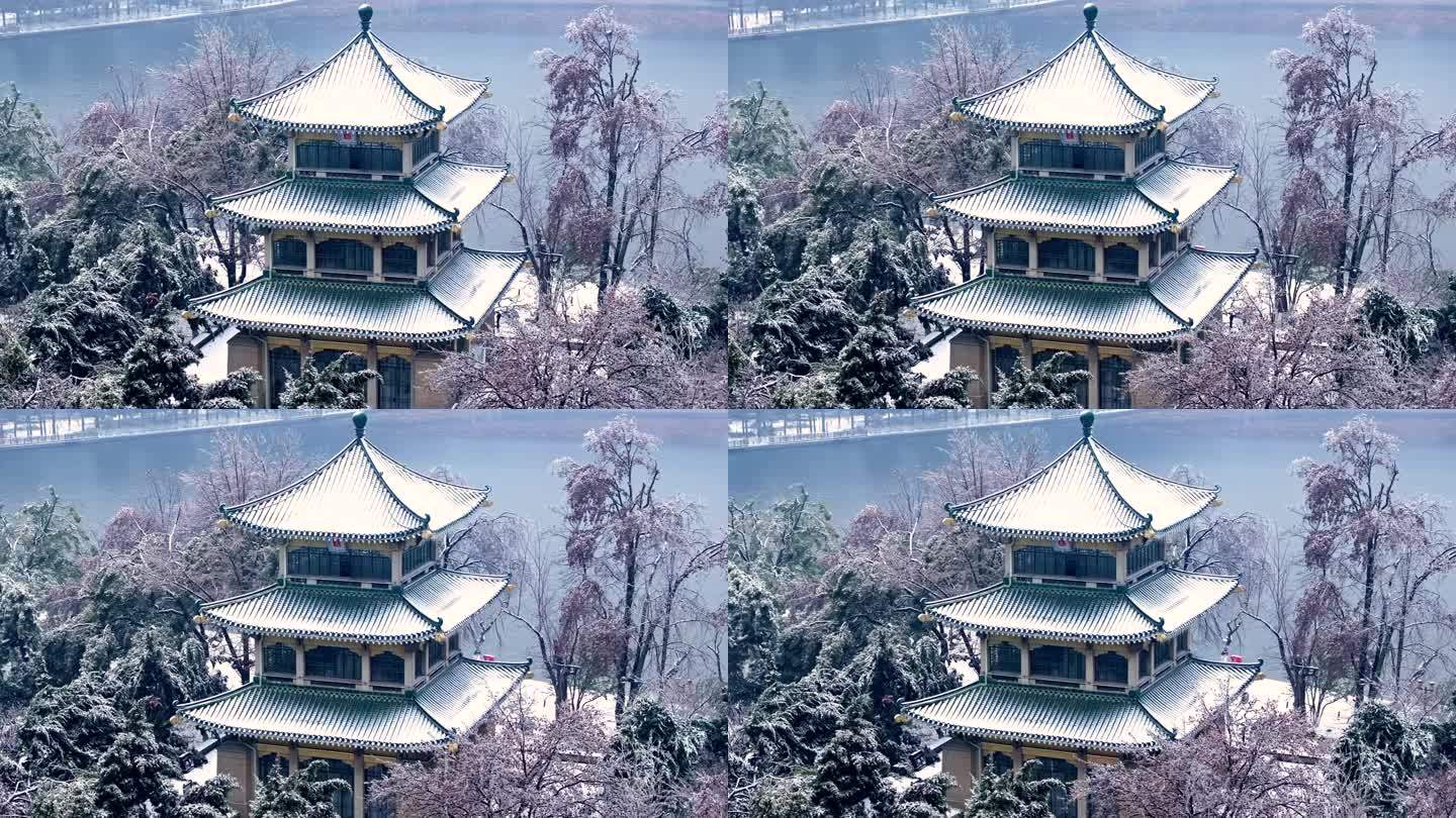 武汉东湖冬天唯美风景古建筑暴雪冬季