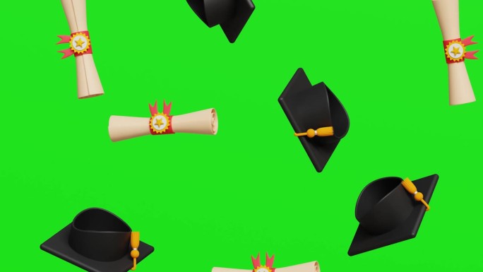 3D毕业典礼帽和学位或文凭证书落在绿幕上。投资教育，目标，成就，商业毕业概念。4k 3d色度键动画