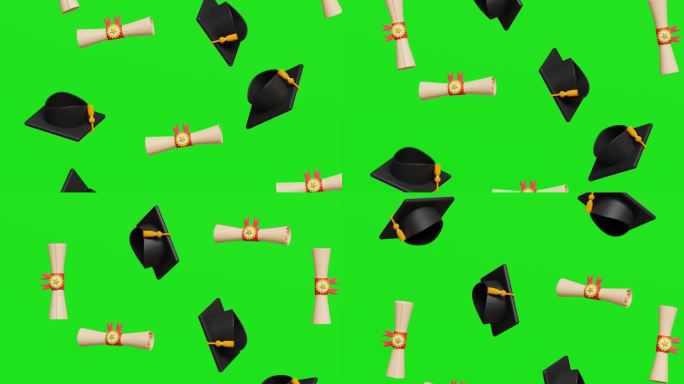 3D毕业典礼帽和学位或文凭证书落在绿幕上。投资教育，目标，成就，商业毕业概念。4k 3d色度键动画