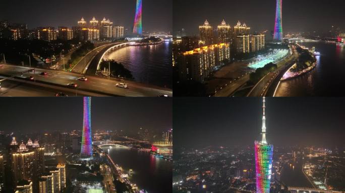 广州海珠区阅江西路猎德大桥夜晚夜景航拍广