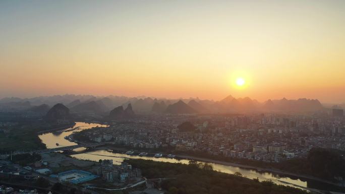 广西桂林城市日落航拍摄影景色山水宣传片头