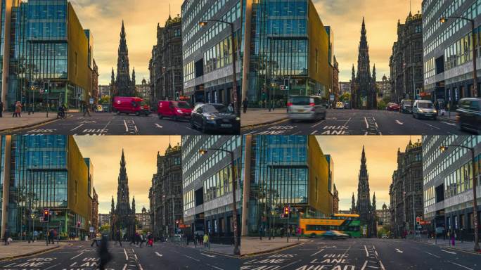 拥挤的交通和通勤旅游人们在日落时分游览爱丁堡斯科特纪念碑，苏格兰，英国，英国
