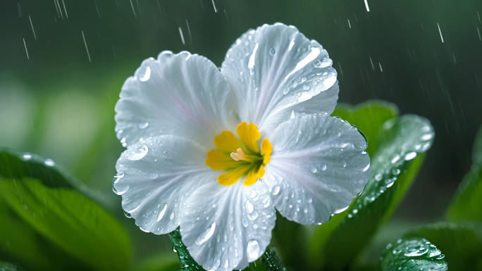 细雨中的唯美花朵清新白色野花特写