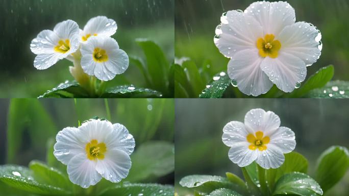 细雨中的唯美花朵清新白色野花特写