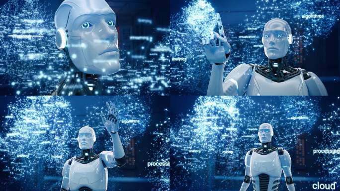 研究深度机器学习的人工智能全尺寸机器人。未来人形虚拟生成人工智能助手使用信息，使用云计算服务和神经大