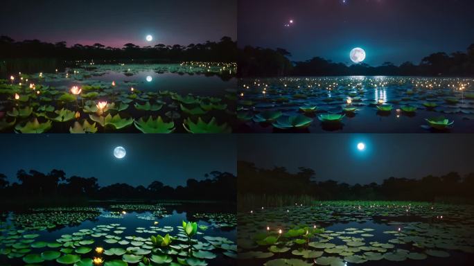 梦幻荷塘月色荷花池星空夜景