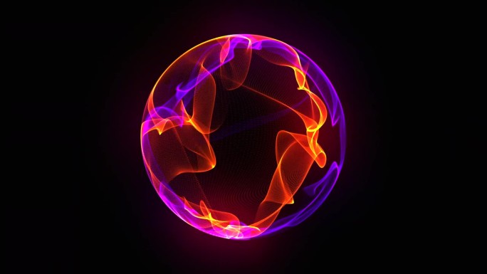 明亮炽热的未来三维球体在宇宙中。紫色和橙色能量球无缝流动。虚拟助理动画。霓虹灯发光球。人工智能，技术
