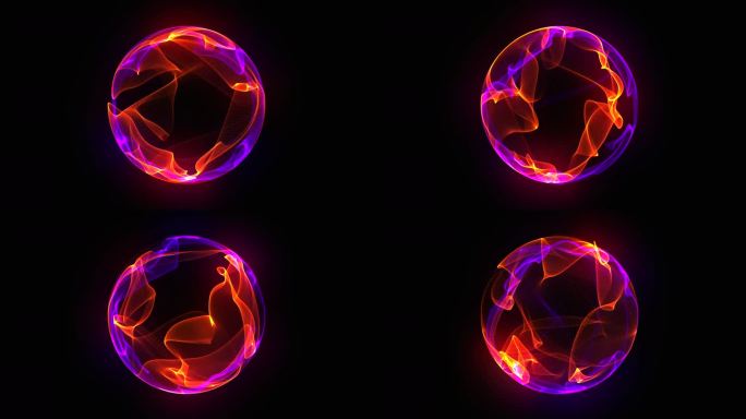 明亮炽热的未来三维球体在宇宙中。紫色和橙色能量球无缝流动。虚拟助理动画。霓虹灯发光球。人工智能，技术