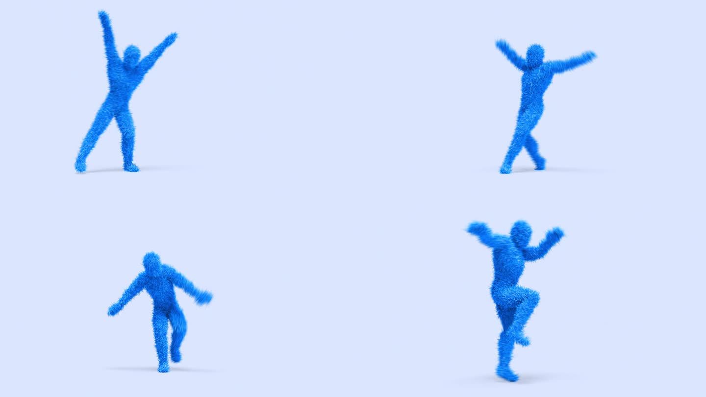 蓝色疯狂3D快乐毛茸茸的角色在舞台上跳舞。完美的循环。