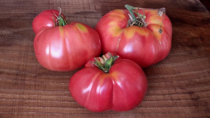 五颜六色的红玫瑰牛肉农场主新鲜的生态番茄在木桌的背景。