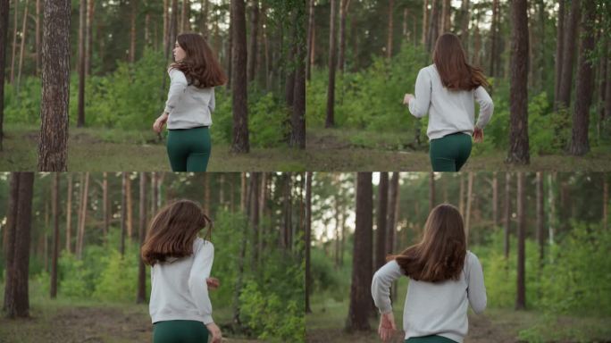 年轻的女士在森林里跑得很快